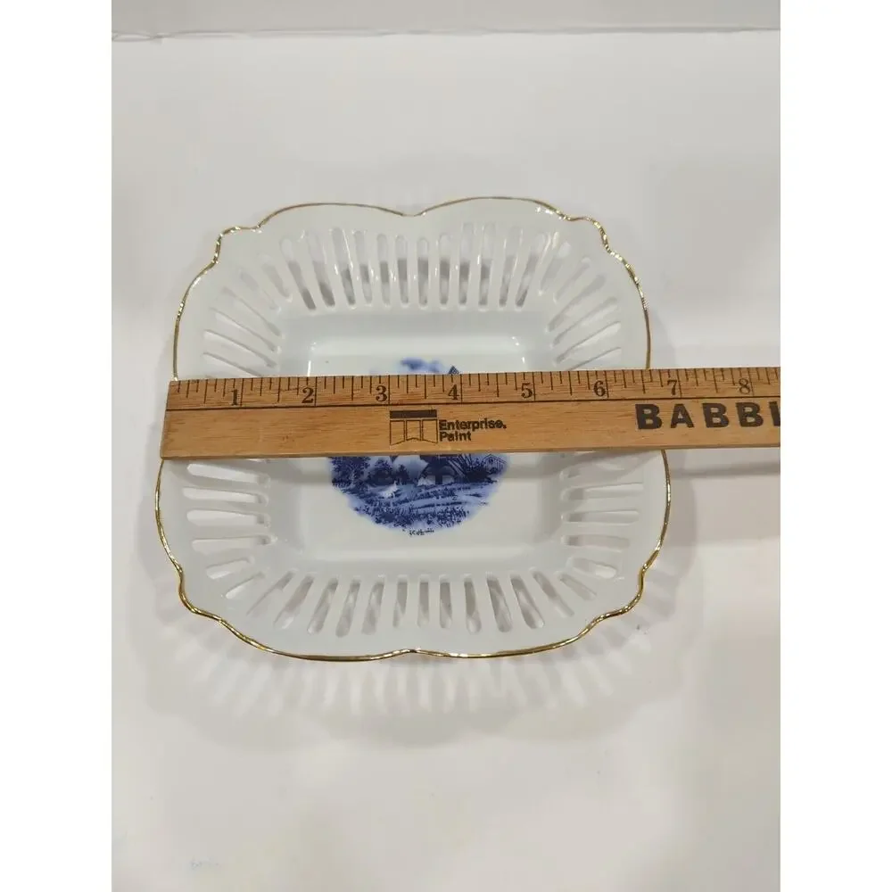 Royal Tri Ever Blue Windmill Porcelain Hand Painted Decorative Basket Bowl
